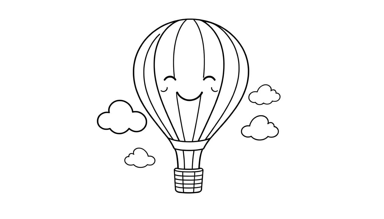 A happy black and white hot air balloon as a color panel, with a smiling face floating among fluffy clouds, perfect for coloring. This color panel invites imagination.