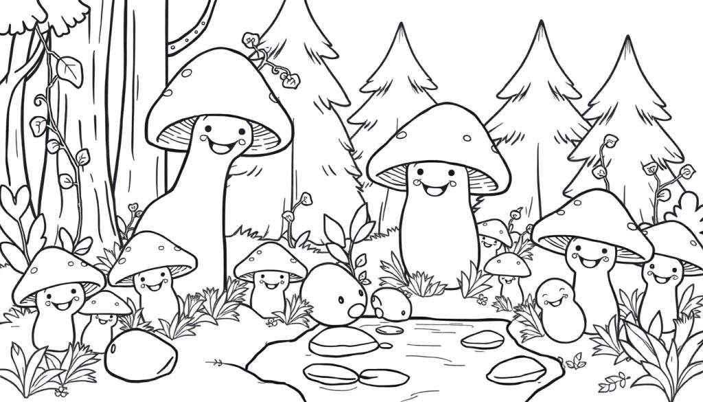A whimsical forest color panel with smiling mushrooms and trees.