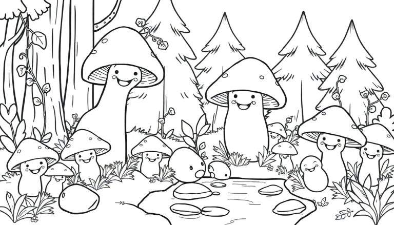 A whimsical forest color panel with smiling mushrooms and trees.
