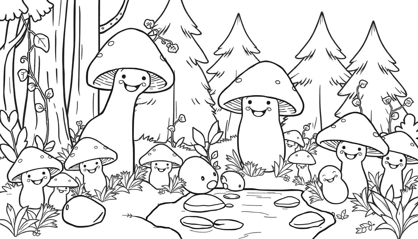 A whimsical forest color panel with smiling mushrooms and trees.