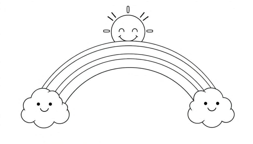 A smiling sun with rays above a three-lined rainbow and two smiling clouds, a perfect black and white color panel for kids.