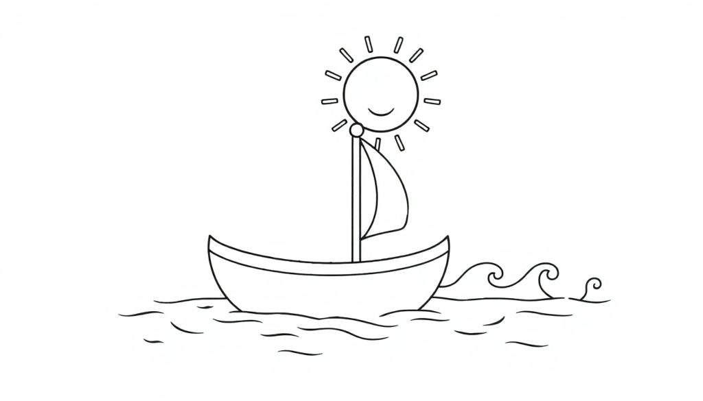 A cheerful black and white coloring page featuring a sailboat with a smiling sun on its mast and happy waves, perfect for a coloring panel.