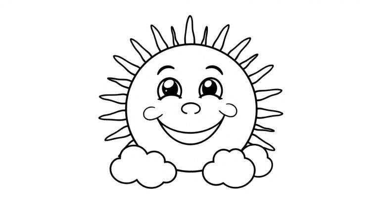 A happy cartoon sun with a smiling face and rays, shown on a black and white color panel.