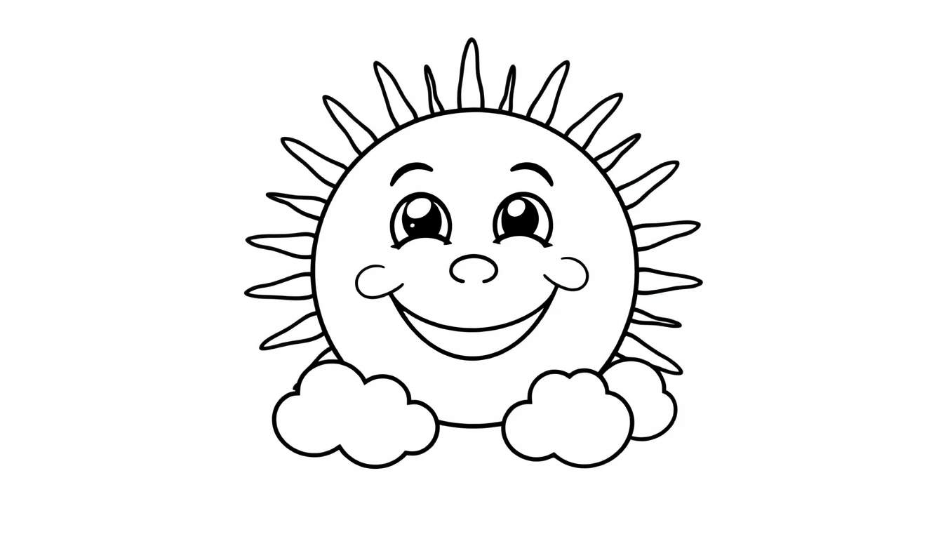 A happy cartoon sun with a smiling face and rays, shown on a black and white color panel.