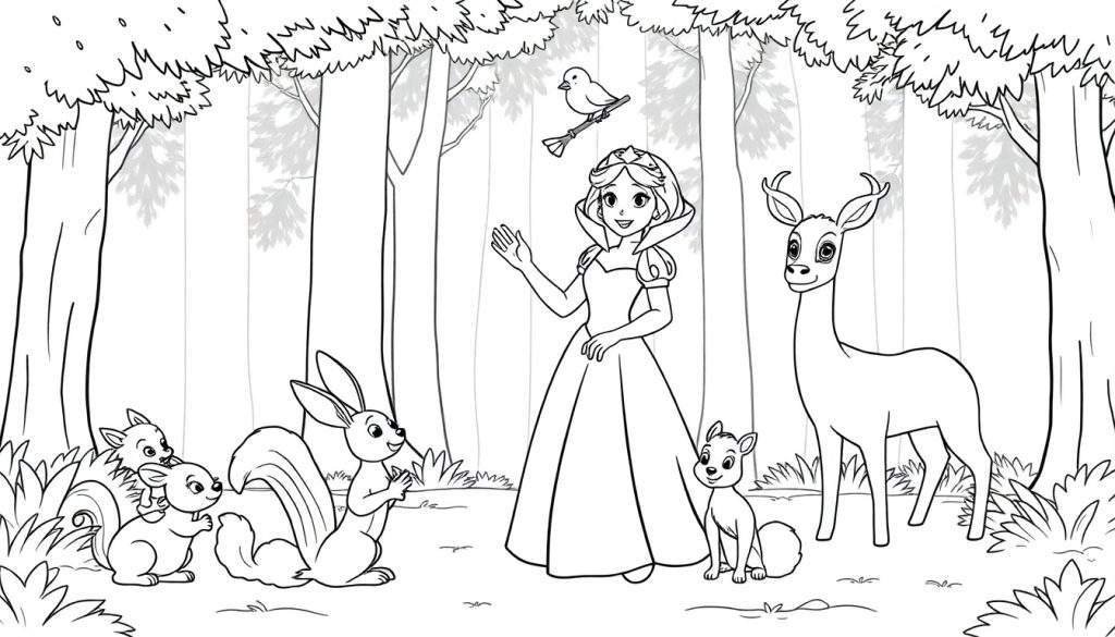 A cute Snow White waving to happy woodland animals in a forest color panel, black and white outline, coloring page.