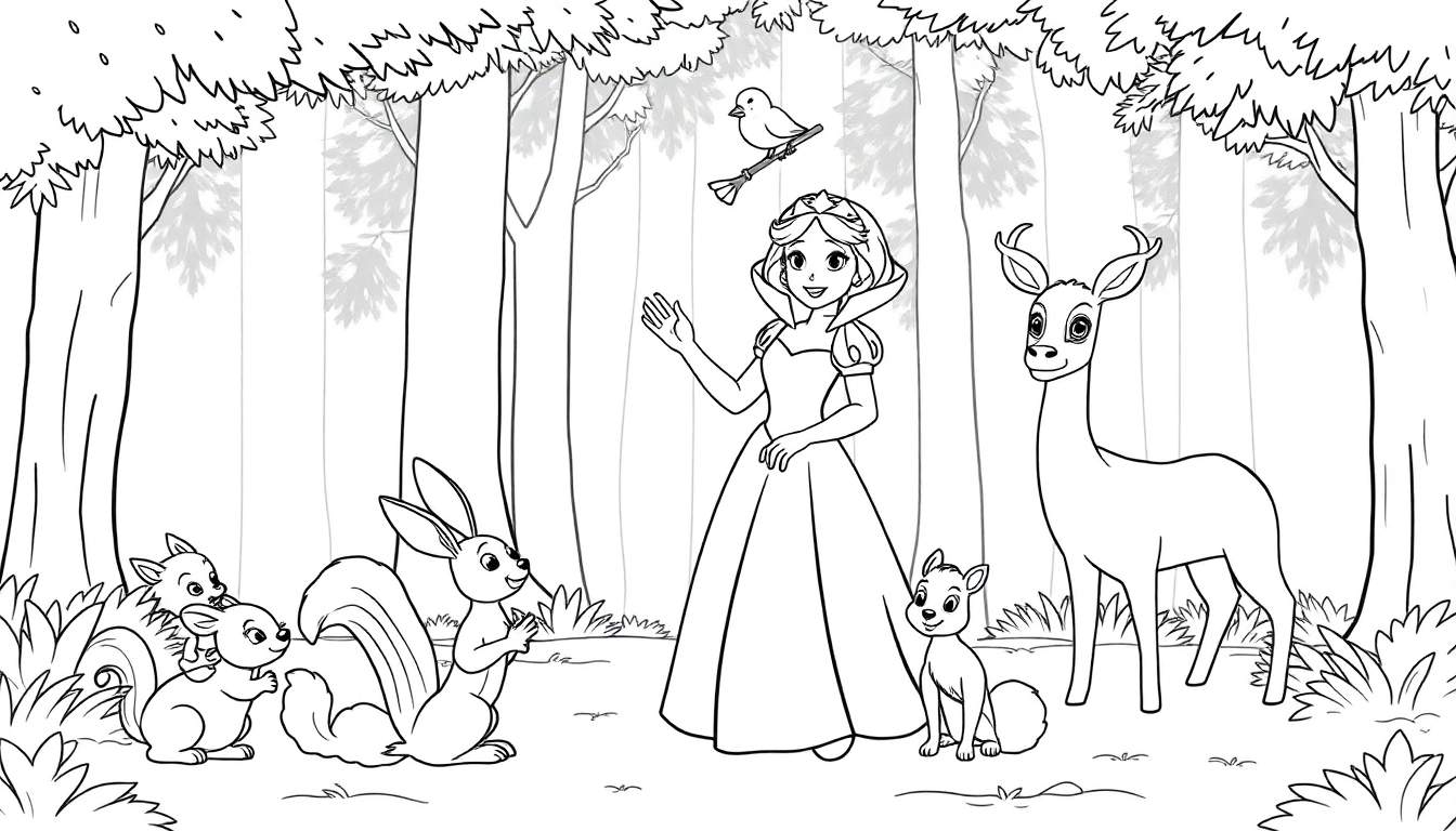 A cute Snow White waving to happy woodland animals in a forest color panel, black and white outline, coloring page.