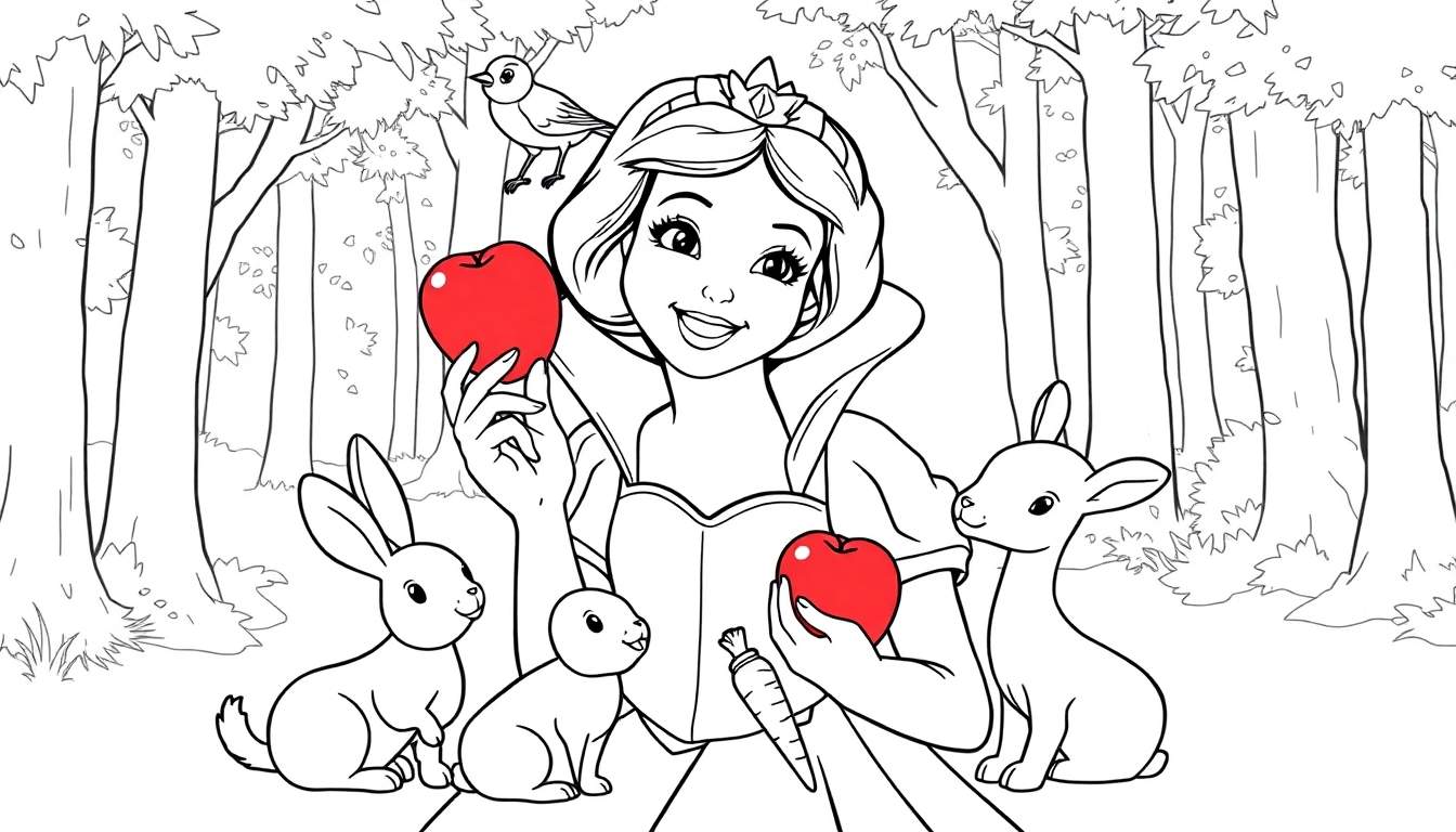 Snow White holding red apples in a forest, surrounded by animals. This is a black and white color panel illustration perfect for coloring.