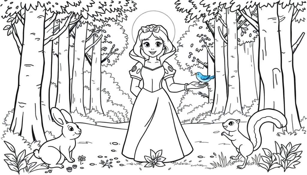 Snow White, a bunny, a squirrel, and a bird in a forest clearing, presented as a black and white coloring panel.
