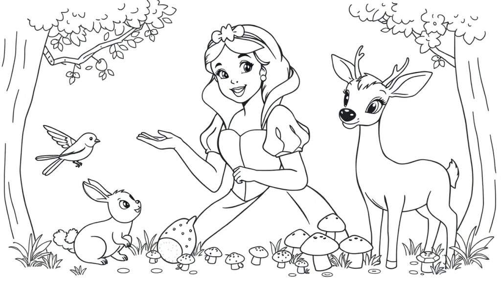 Snow White in a forest color panel, surrounded by animals.