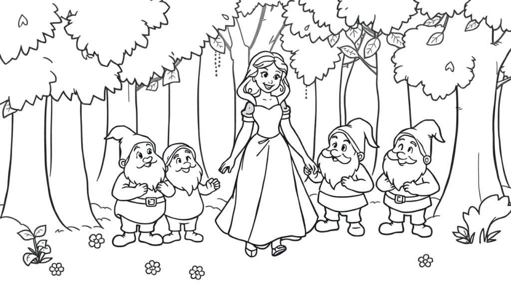 Snow White with dwarfs in a forest coloring panel.