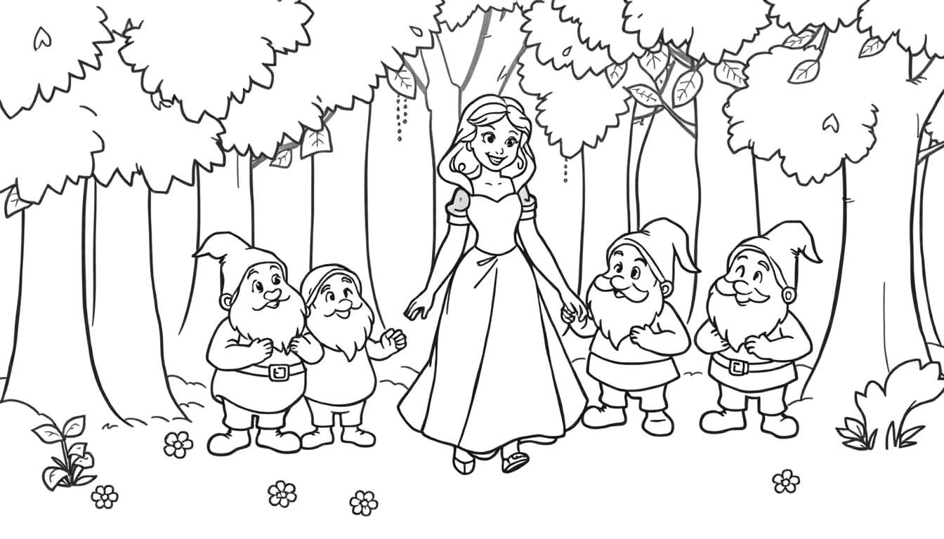 Snow White with dwarfs in a forest coloring panel.