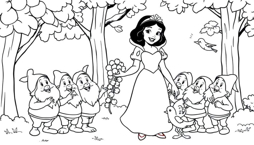 Snow White with the Seven Dwarfs in a forest clearing, a black and white coloring panel.