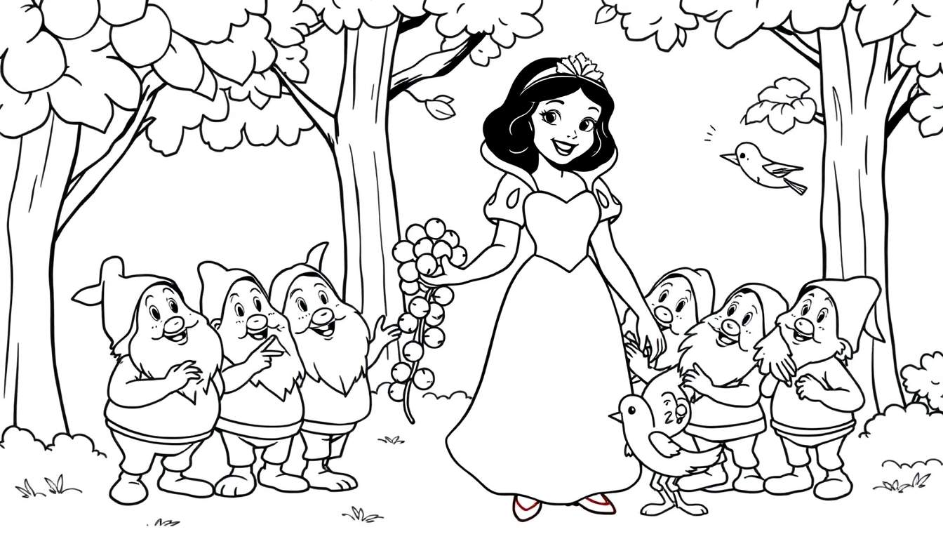 Snow White with the Seven Dwarfs in a forest clearing, a black and white coloring panel.