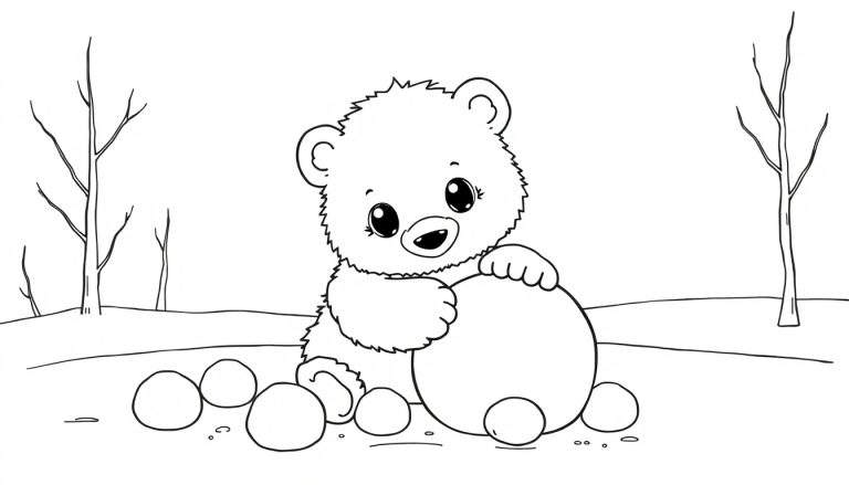 Cute cartoon bear cub creating a snowball scene, black and white color panel.
