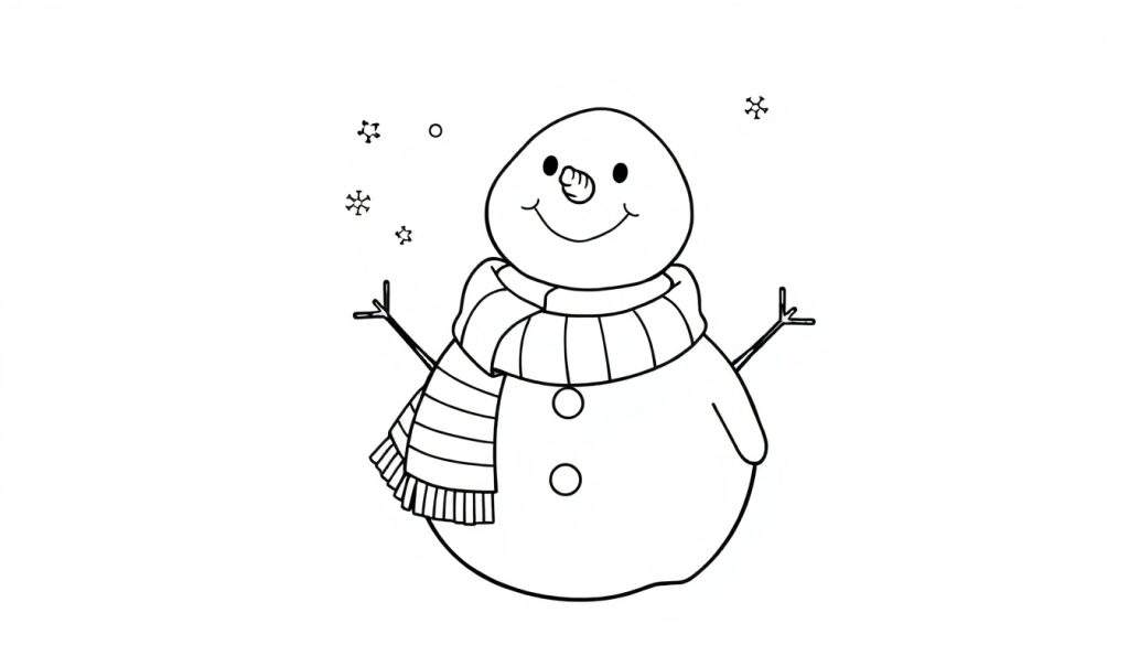 A cute black and white illustration of a friendly snowman with a carrot nose and a scarf, ready for coloring. This color panel is fun for kids.