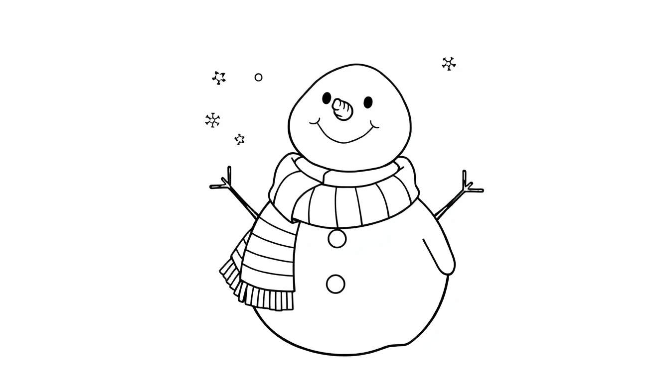 A cute black and white illustration of a friendly snowman with a carrot nose and a scarf, ready for coloring. This color panel is fun for kids.