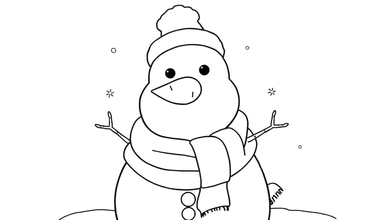 A cute black and white snowman coloring panel with a carrot nose, button eyes, scarf, and hat.