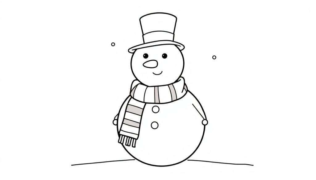 A cheerful black and white color panel drawing of a snowman with a carrot nose, button eyes, a top hat, and a striped scarf.