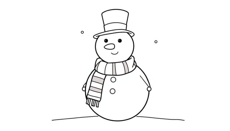 A cheerful black and white color panel drawing of a snowman with a carrot nose, button eyes, a top hat, and a striped scarf.