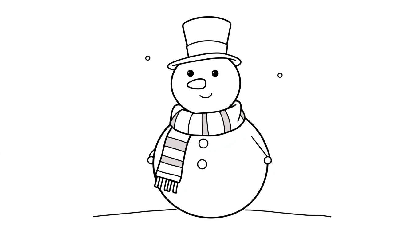 A cheerful black and white color panel drawing of a snowman with a carrot nose, button eyes, a top hat, and a striped scarf.