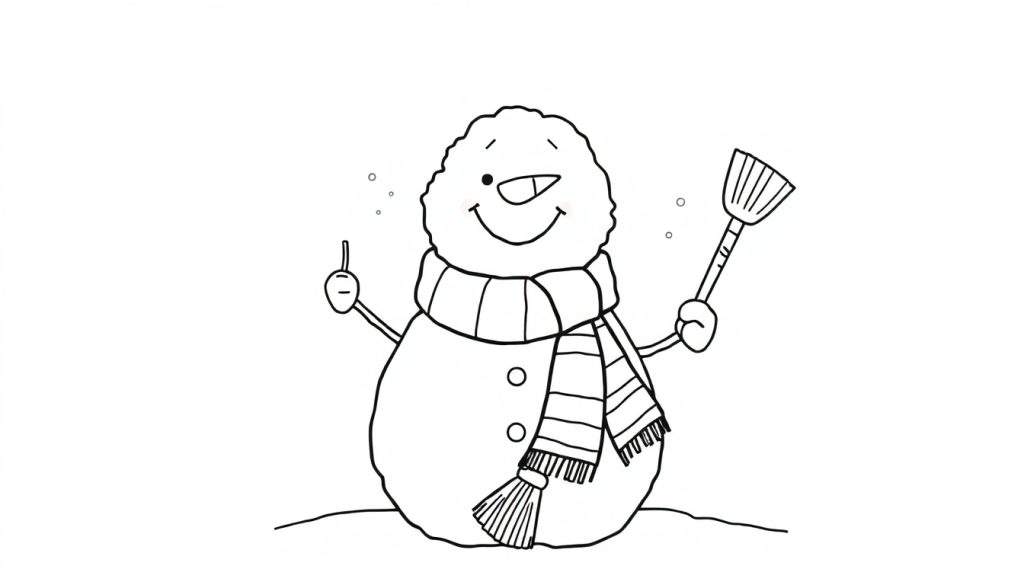 A happy black and white line drawing of a snowman ready for a color panel, with a carrot nose, striped scarf, and broom.