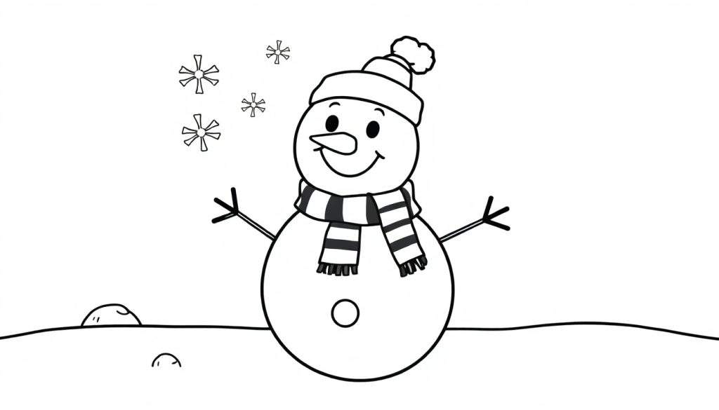A cute black and white illustration of a snowman with a carrot nose and button eyes, wearing a scarf and hat, standing in snow with falling snowflakes. A fun color panel to print and color.