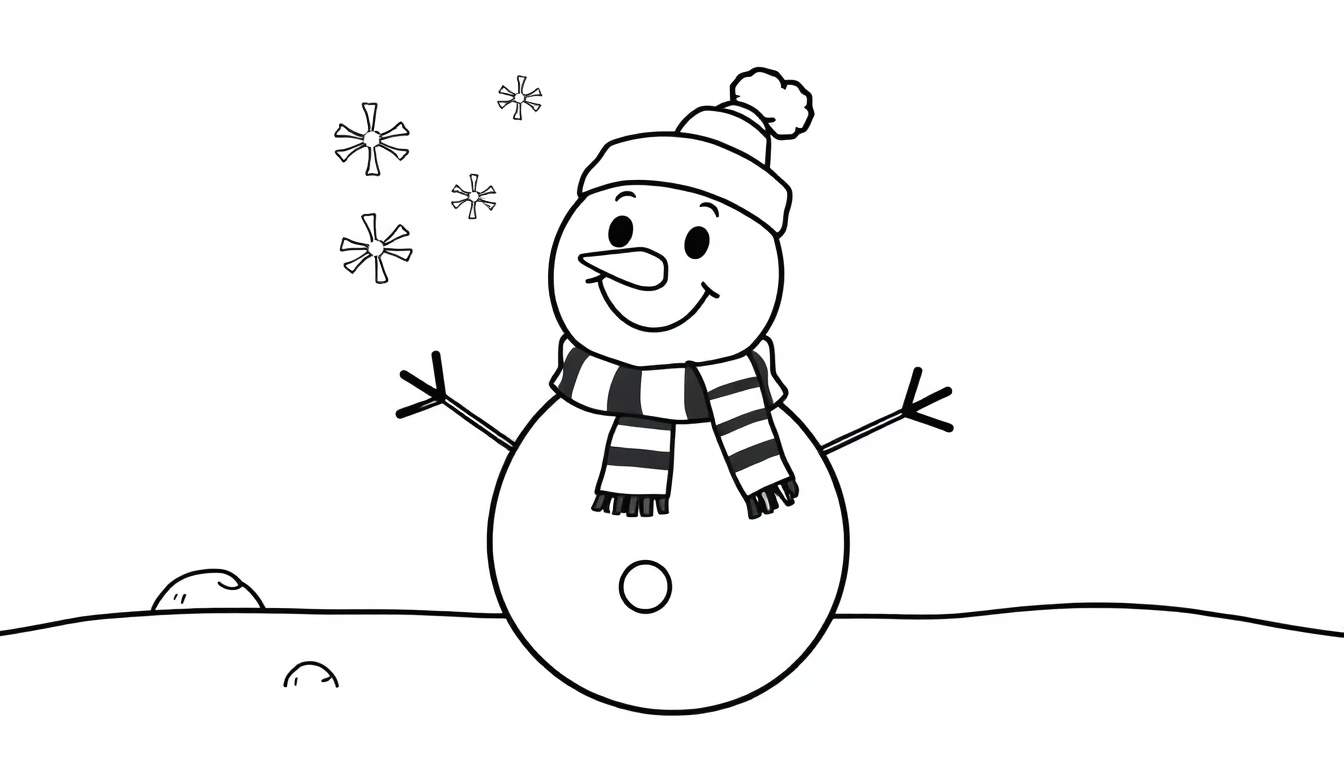 A cute black and white illustration of a snowman with a carrot nose and button eyes, wearing a scarf and hat, standing in snow with falling snowflakes. A fun color panel to print and color.