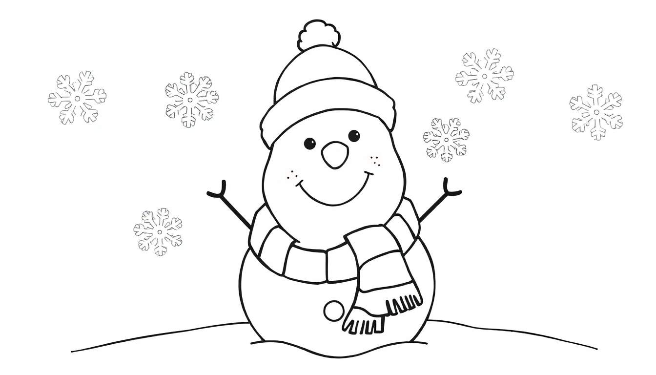 A friendly black and white snowman with a hat and scarf, ready to be colored in this fun color panel.