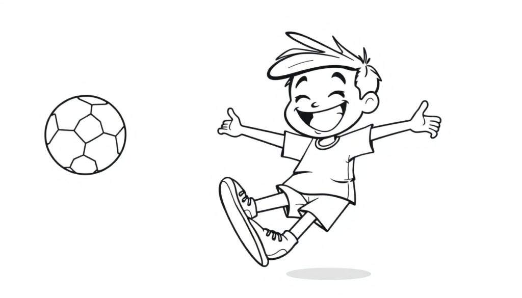 A happy cartoon boy giving a thumbs up next to a soccer ball in a black and white color panel.