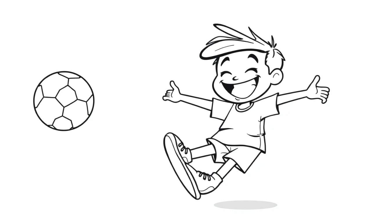 A happy cartoon boy giving a thumbs up next to a soccer ball in a black and white color panel.