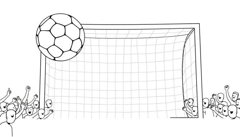 A black and white color panel showing a happy soccer ball near a goal with cheering fans.