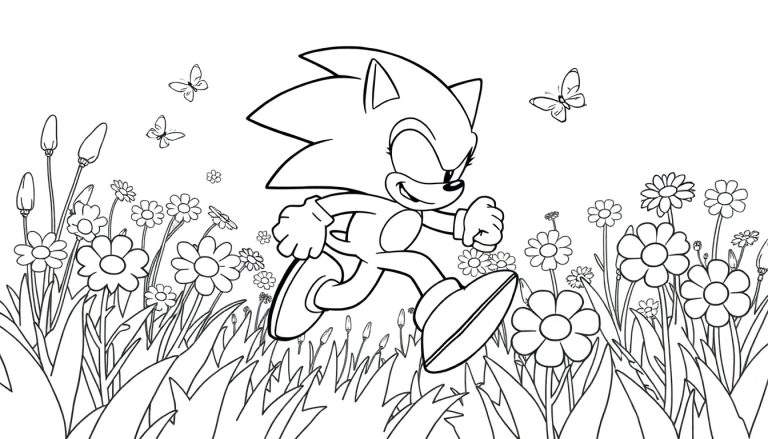 Sonic the Hedgehog running through a colorful flower field, a black and white coloring panel.