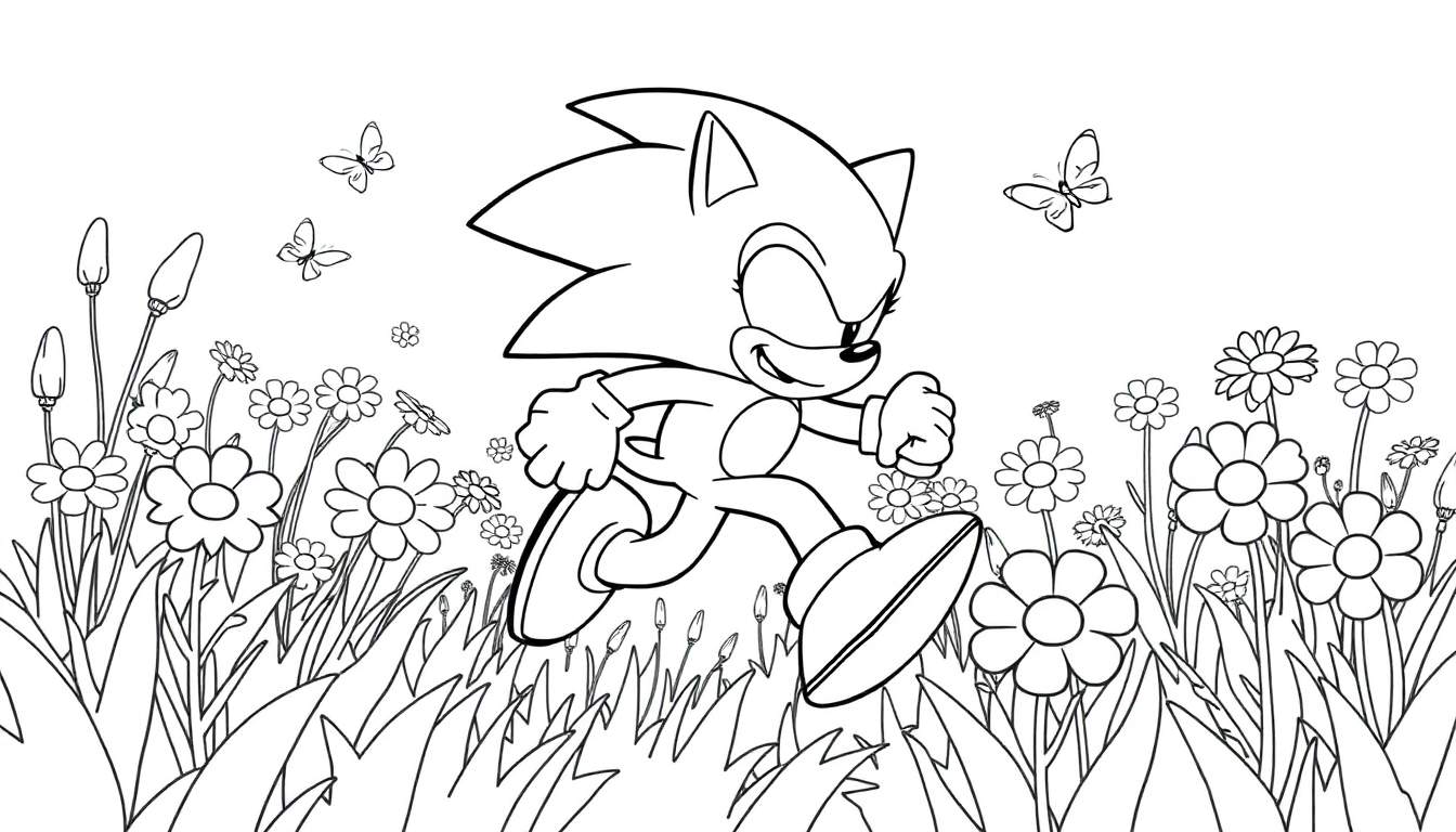 Sonic the Hedgehog running through a colorful flower field, a black and white coloring panel.