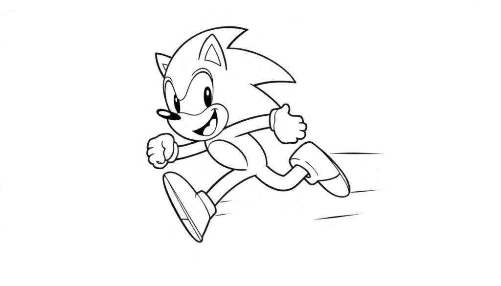 A black and white color panel showing Sonic the Hedgehog running with a big smile and a thumbs-up.