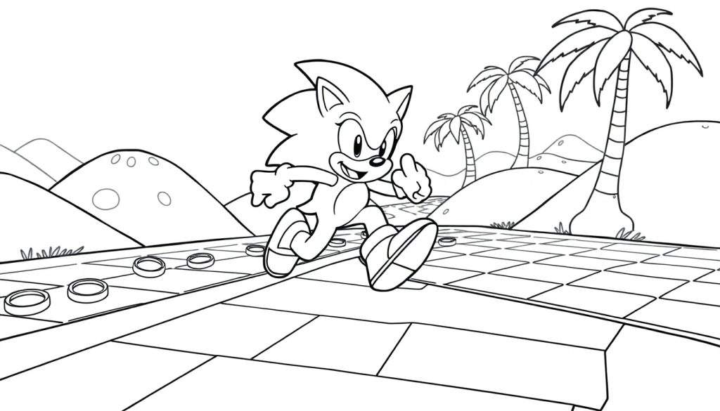 Sonic the Hedgehog running through a black and white coloring panel of Green Hill Zone with rings.