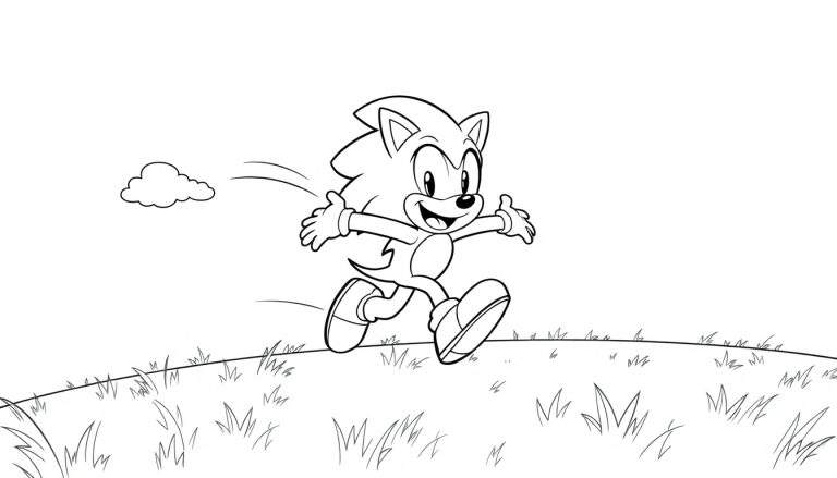Sonic the Hedgehog speeding across a grassy field in a black and white color panel, arms outstretched with a joyful expression.