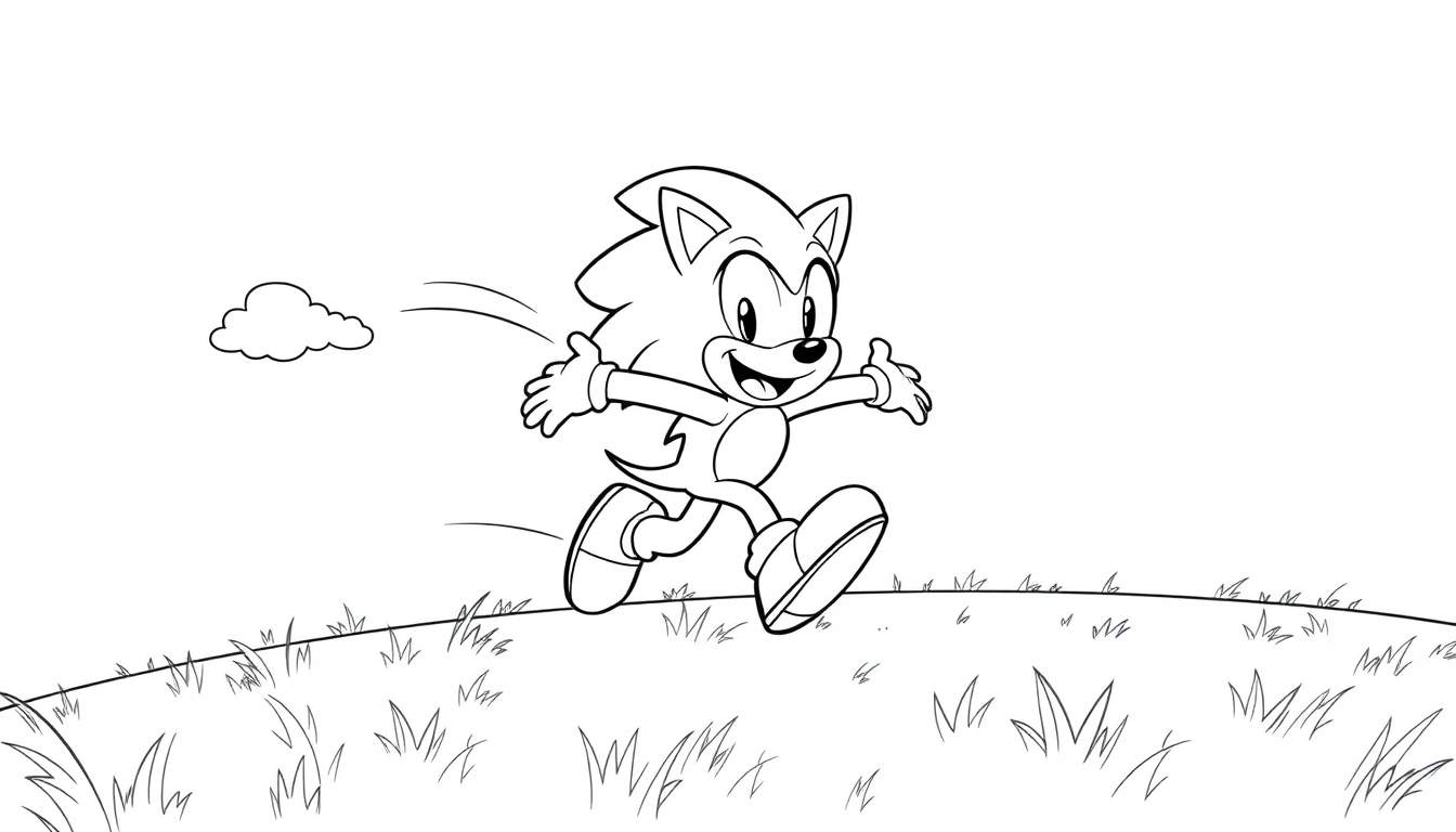 Sonic the Hedgehog speeding across a grassy field in a black and white color panel, arms outstretched with a joyful expression.