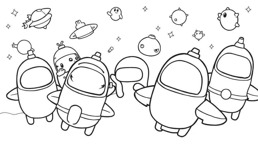 A black and white coloring page with Among Us characters in space, featuring spaceships and planets. This color panel is ready for fun!