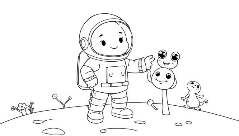 A cute astronaut points at friendly aliens on a moon coloring page.