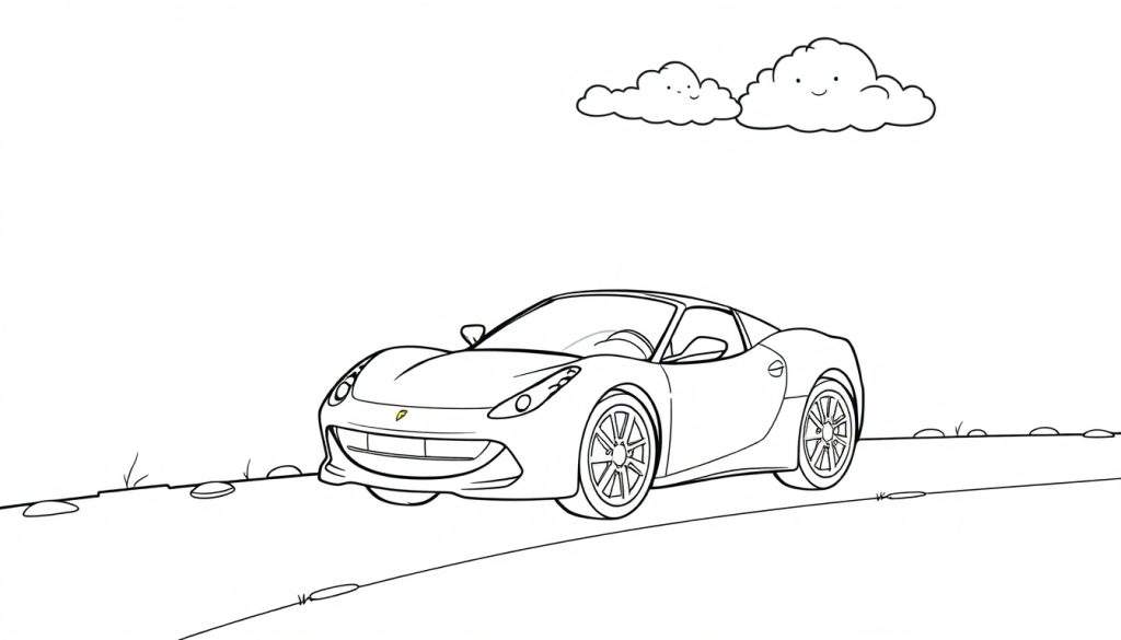 A black and white coloring page showing a sporty car driving with happy clouds above, part of a color panel collection.