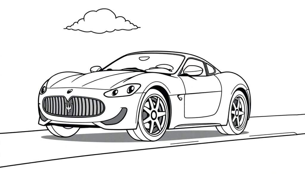 A black and white color panel of a cute, speedy Maserati sports car with big, friendly wheels and happy headlights zooming down a road with fluffy clouds overhead.
