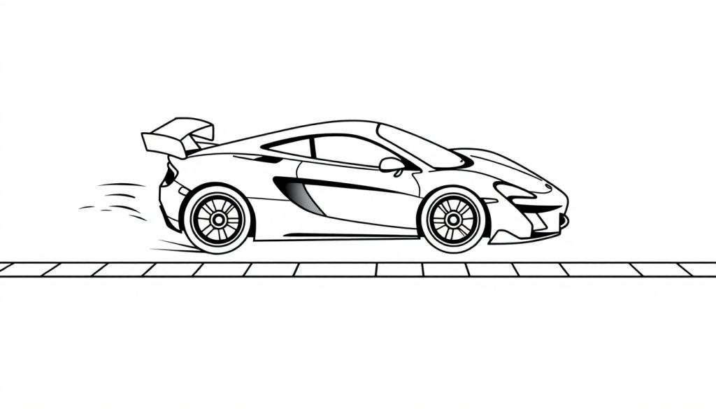 A cute black and white coloring page of a speedy McLaren race car zooming across a checkered finish line. Lots of room for little hands to color and imagine a racing color panel!