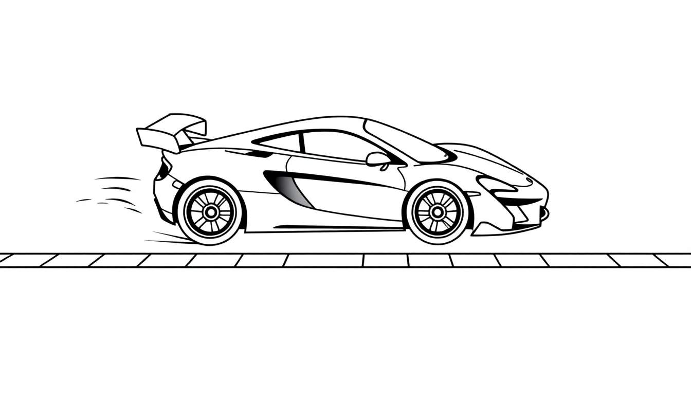 A cute black and white coloring page of a speedy McLaren race car zooming across a checkered finish line. Lots of room for little hands to color and imagine a racing color panel!