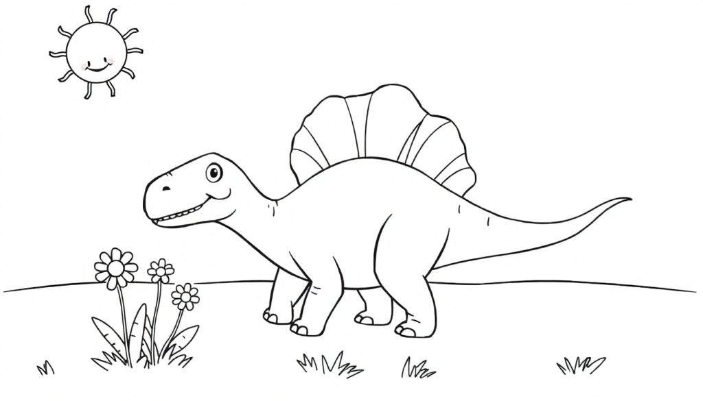 A friendly Spinosaurus in a black and white coloring panel, with a smiling sun and flowers.