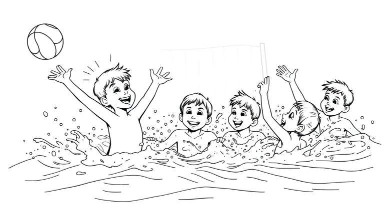Black and white color panel drawing of five boys playing water polo with a beach ball.