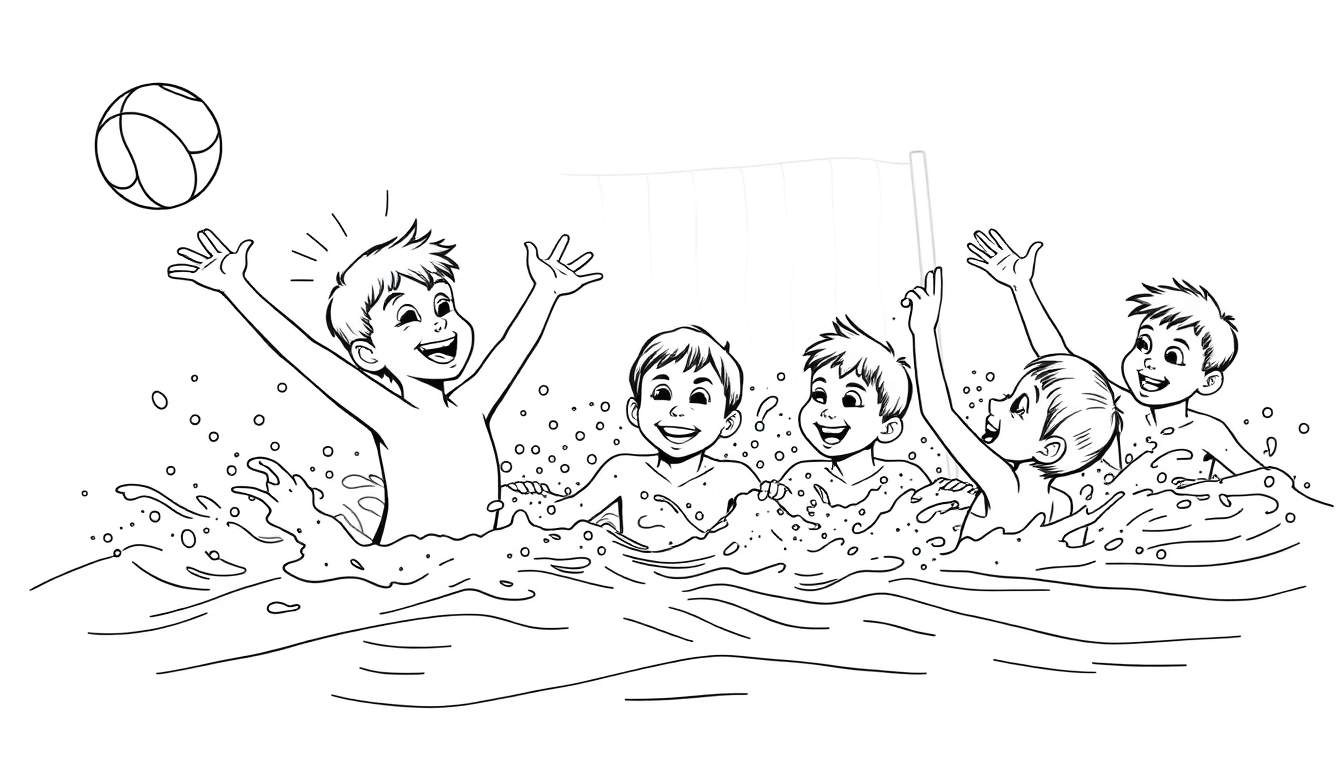 Black and white color panel drawing of five boys playing water polo with a beach ball.