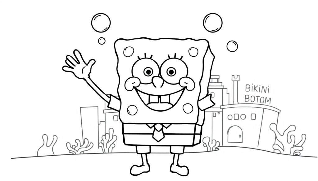 A black and white cartoon color panel of SpongeBob SquarePants waving with bubbles in Bikini Bottom.