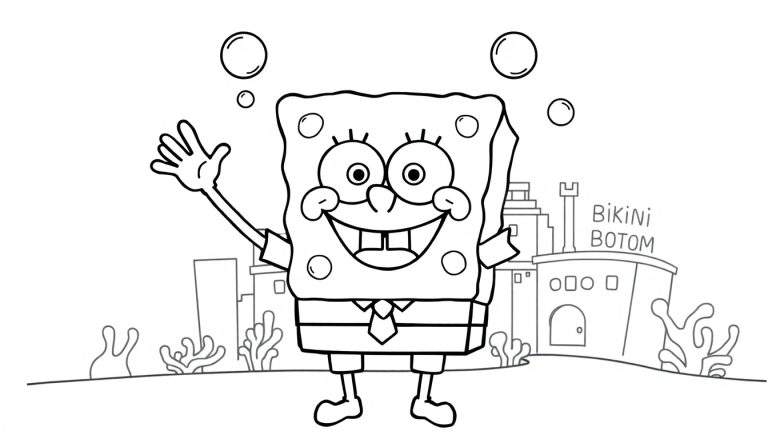 A black and white cartoon color panel of SpongeBob SquarePants waving with bubbles in Bikini Bottom.