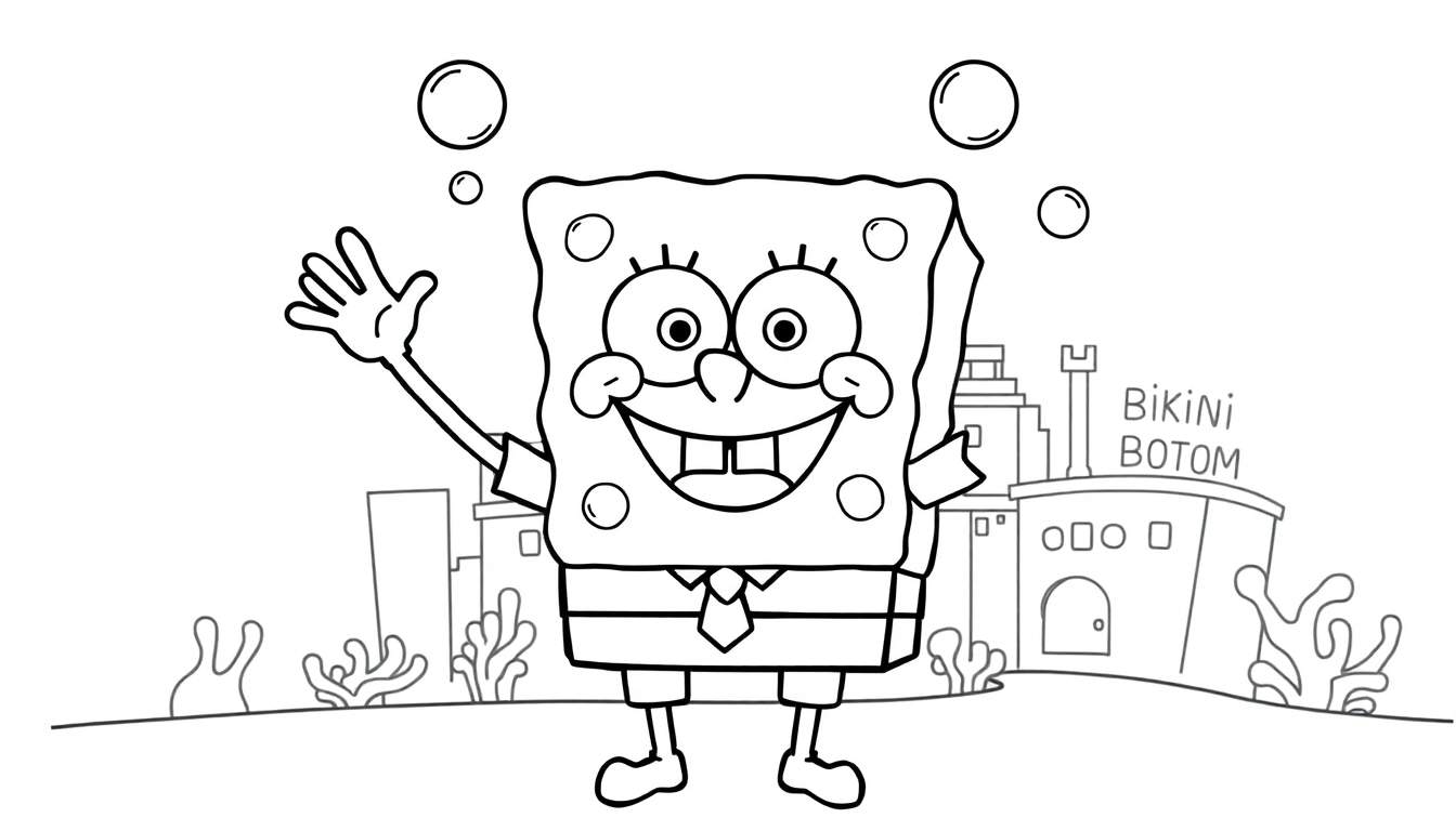 A black and white cartoon color panel of SpongeBob SquarePants waving with bubbles in Bikini Bottom.