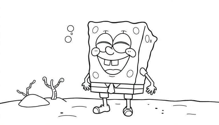 A cute black and white color panel of SpongeBob SquarePants laughing with eyes closed in Bikini Bottom, showing his buck teeth.
